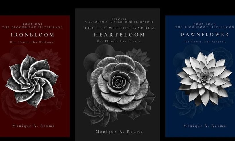 Covers from The Bloodroot Sisterhood: Ironbloom, The Tea Witch&rsquo;s Garden and Dawnflower.